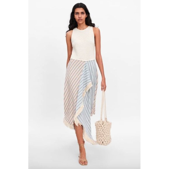 Zara Dresses & Skirts - Zara cream red blue crochet Summer Contrasting Striped cotton fringe midi dress